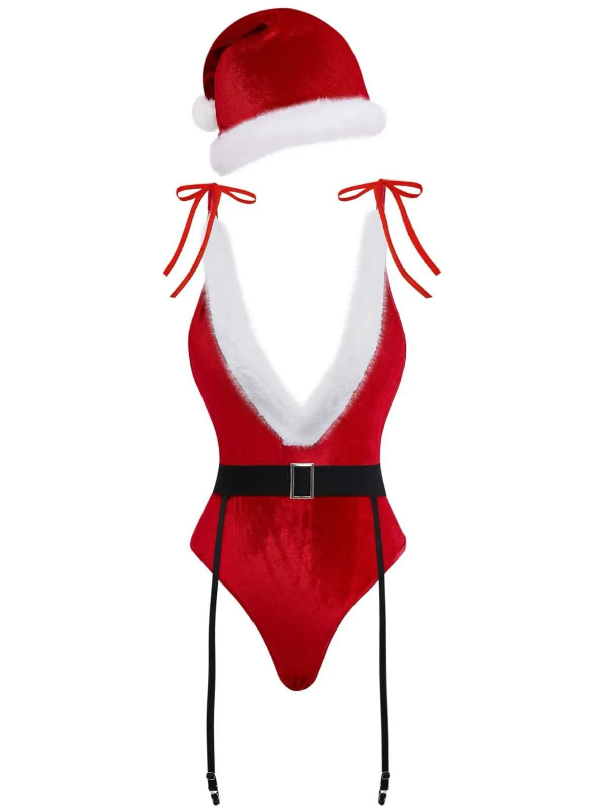 1970s Deep V Velvet Christmas Plush Bodysuit With Hat sold by Retro Stage product image thumbnail 2