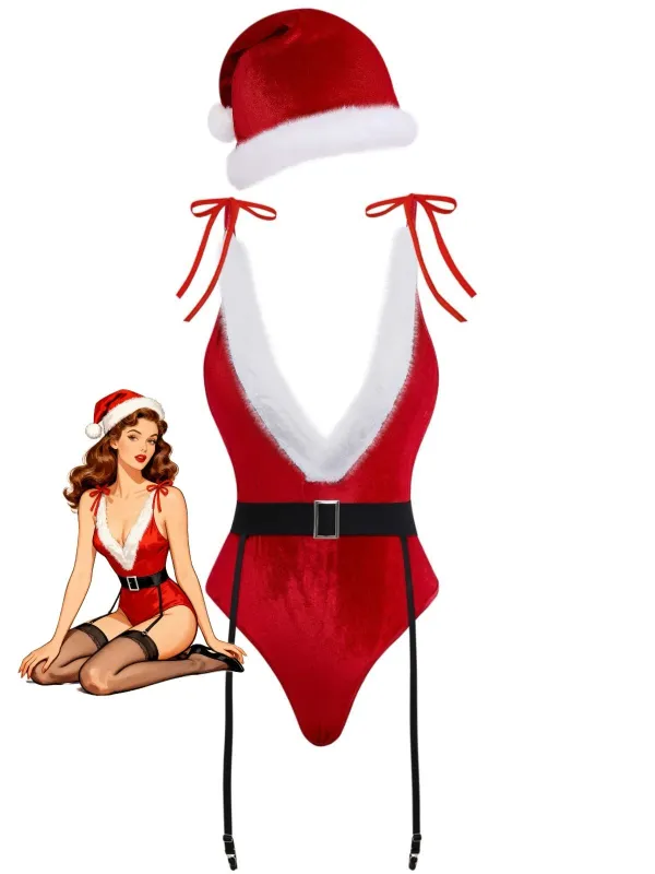 1970s Deep V Velvet Christmas Plush Bodysuit With Hat sold by Retro Stage
