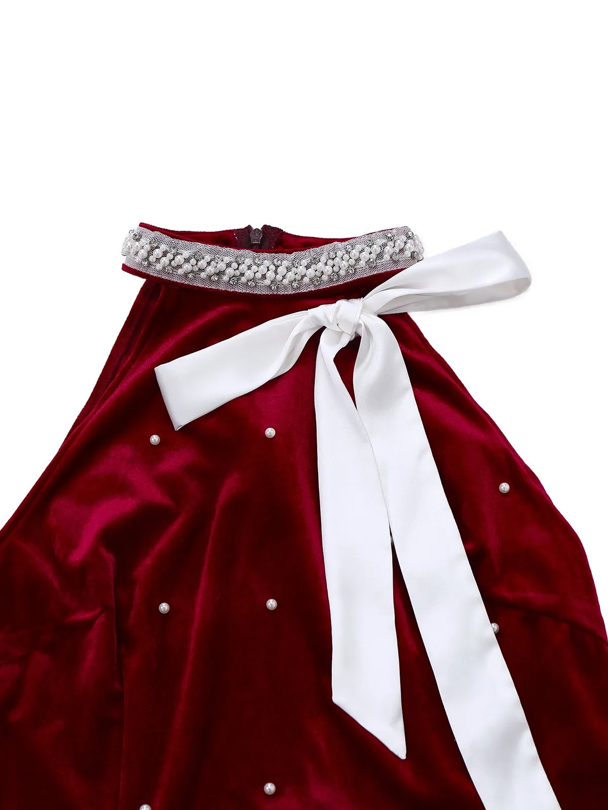 Red 1960s Pearl Fringe Christmas Velvet Dress sold by Retro Stage product image thumbnail 5