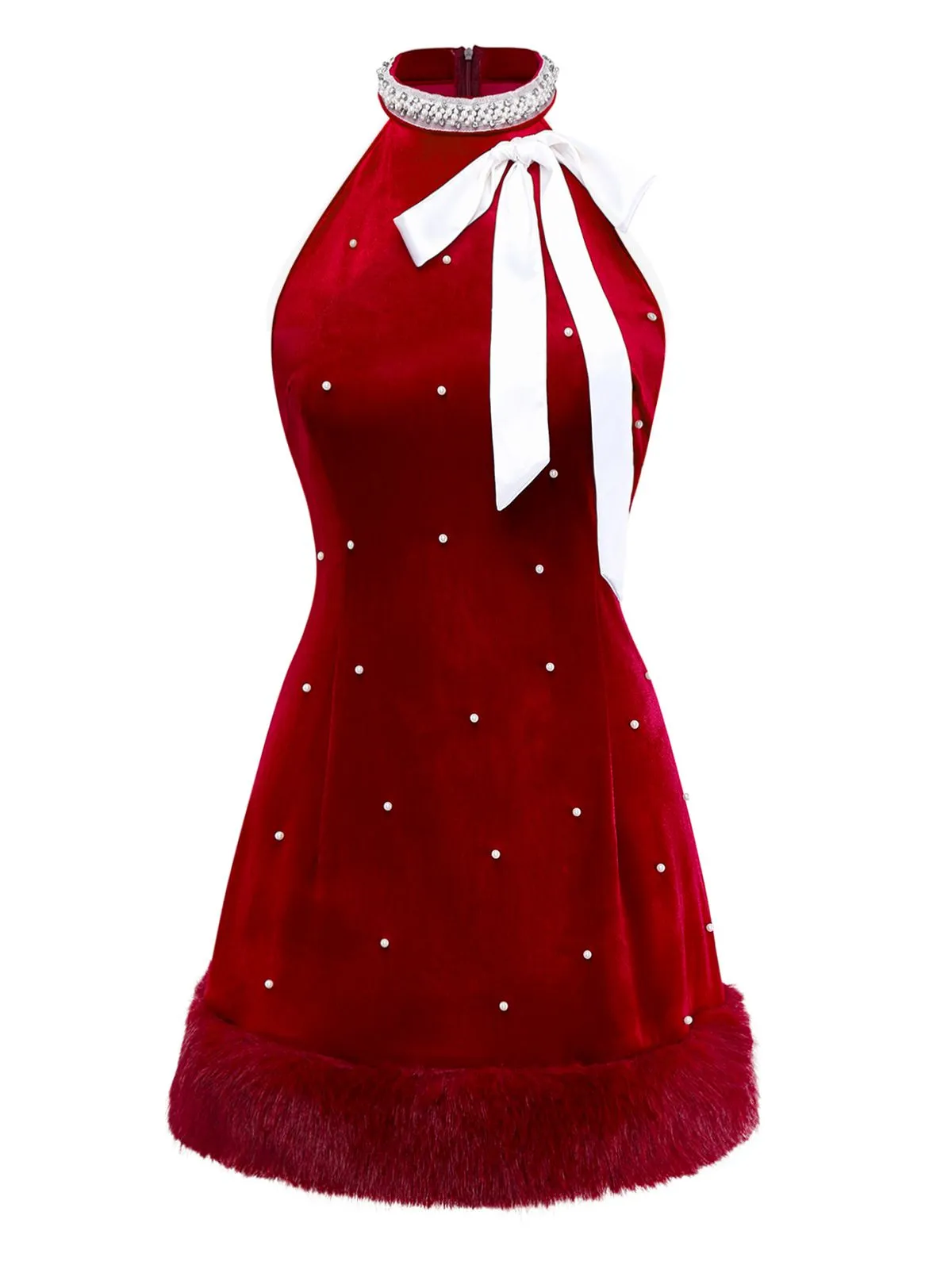 Red 1960s Pearl Fringe Christmas Velvet Dress sold by Retro Stage product image thumbnail 2