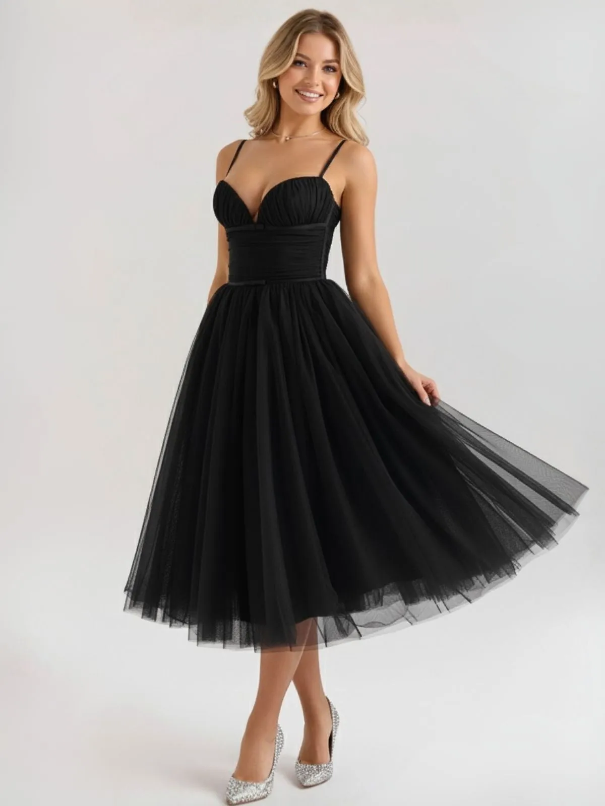 1950s Sweetheart Neck Ruched Mesh Dress sold by Retro Stage