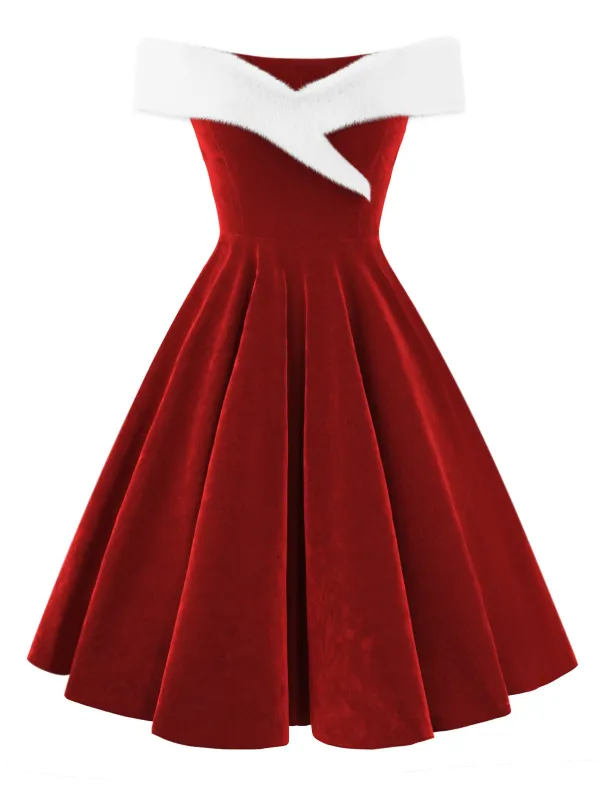 Red 1950s Christmas Off-Shoulder Velvet Dress made by Retro Stage