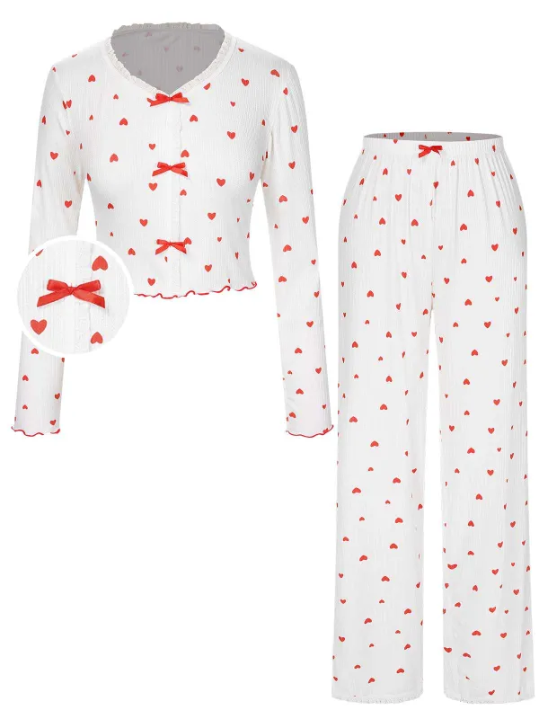 White 1970s Curled Heart Bow Long Sleeve Pajamas sold by Retro Stage