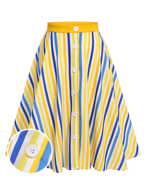 1950s Yellow White Blue Striped Button Skirt sold by Retro Stage