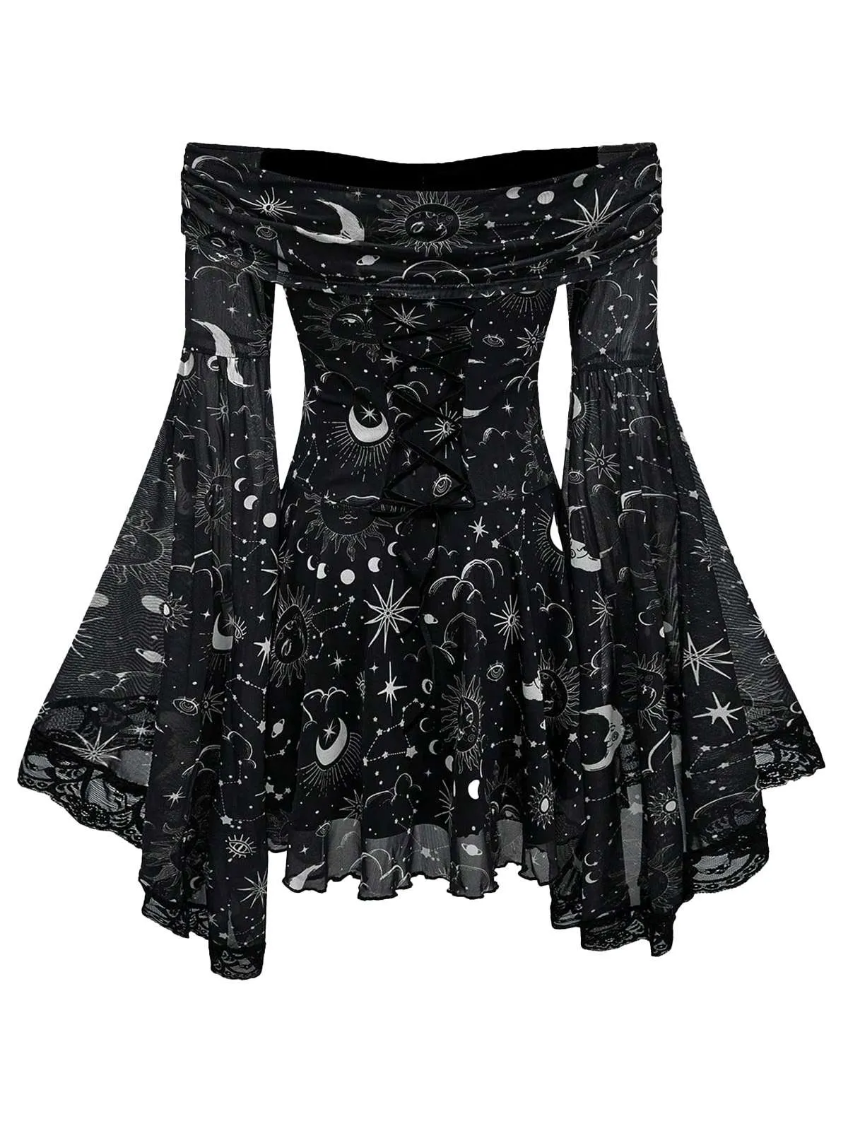 1980s Star Moon Sun Face Off-Shoulder Bell Sleeve Dress sold by Retro Stage product image thumbnail 4