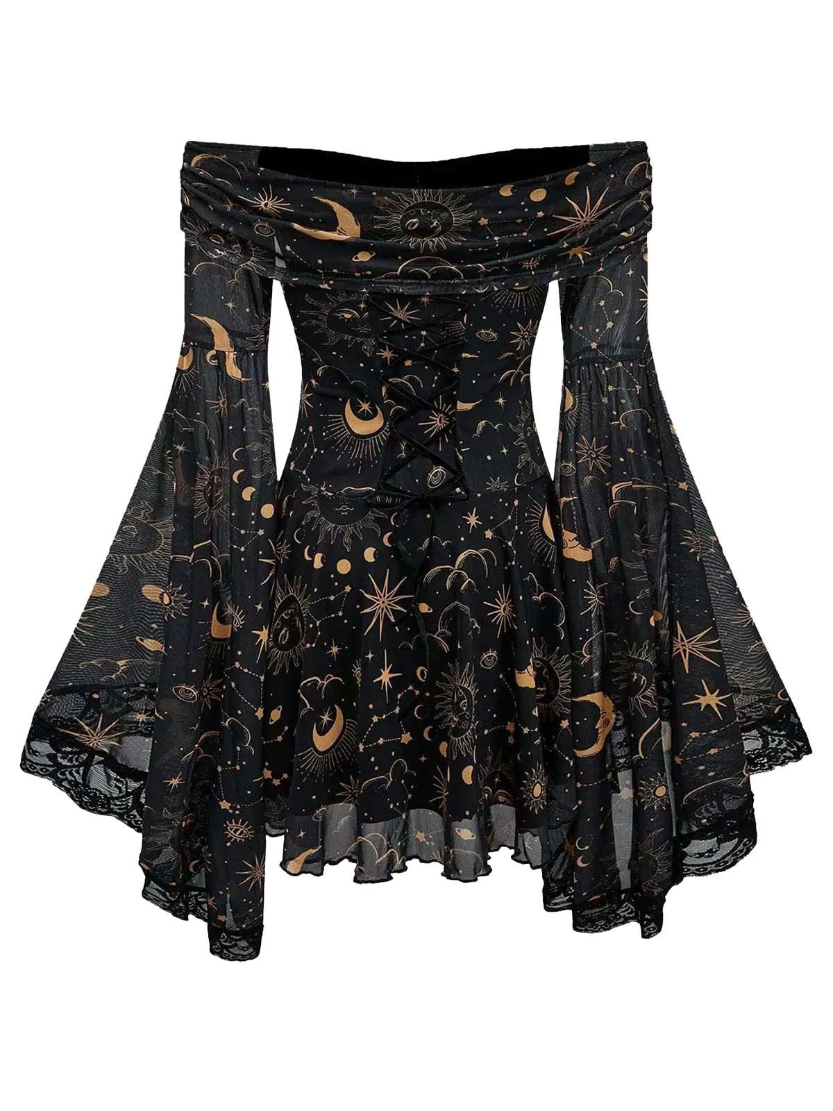 1980s Star Moon Sun Face Off-Shoulder Bell Sleeve Dress sold by Retro Stage product image thumbnail 2