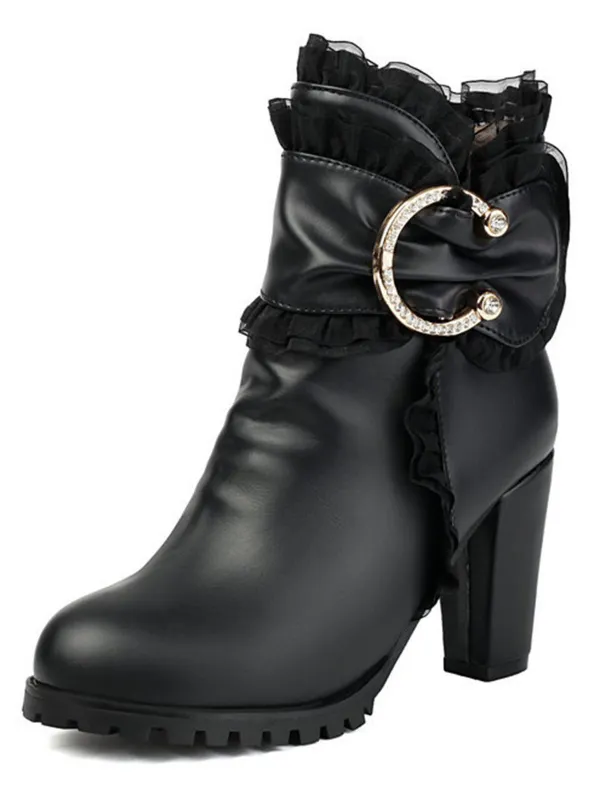 PU Leather Lace-Trimmed Chunky Heel Ankle Boots sold by Retro Stage