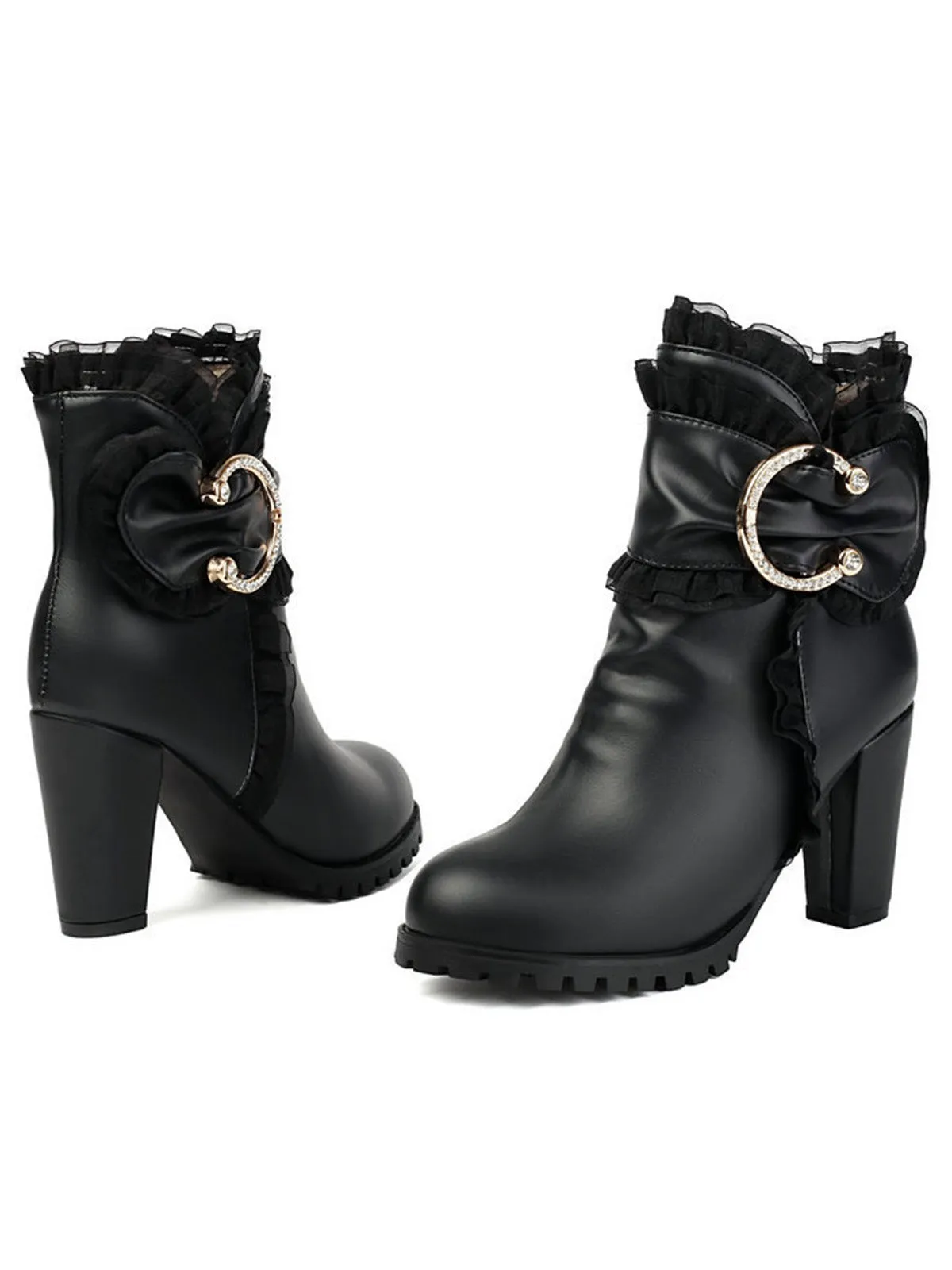 PU Leather Lace-Trimmed Chunky Heel Ankle Boots sold by Retro Stage product image thumbnail 2