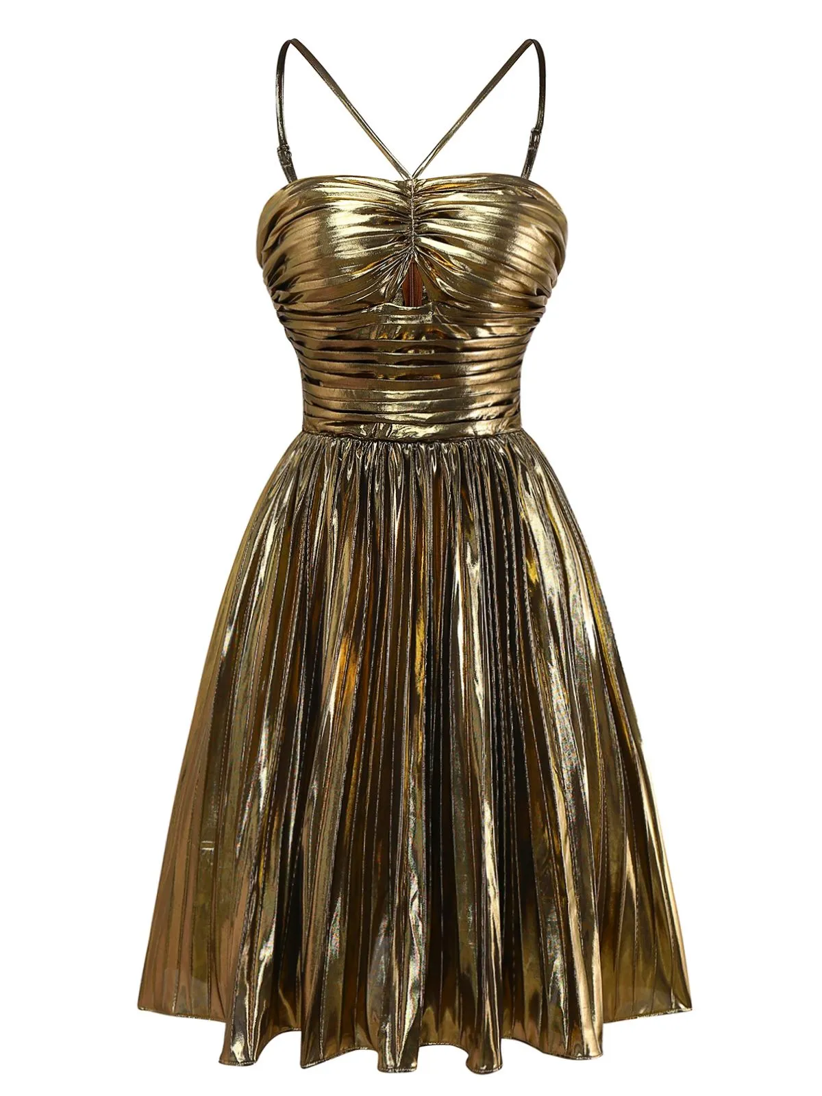 Gold 1960s Metallic Pleated Cutout Party Strap Dress sold by Retro Stage product image thumbnail 2