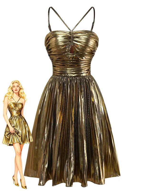 Gold 1960s Metallic Pleated Cutout Party Strap Dress sold by Retro Stage
