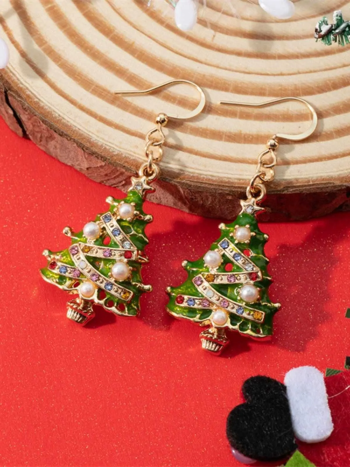 Christams Tree Pearl Oil-Dripping Earrings sold by Retro Stage