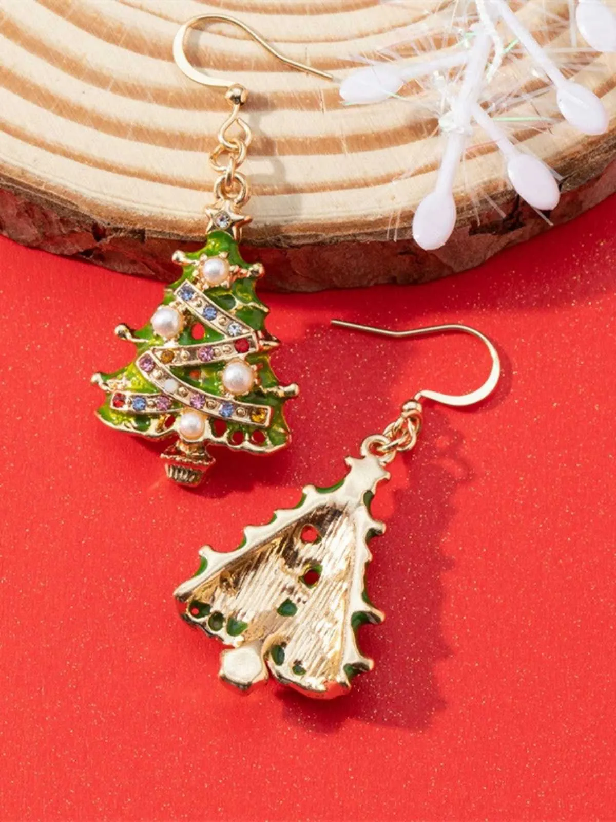 Christams Tree Pearl Oil-Dripping Earrings sold by Retro Stage product image thumbnail 2