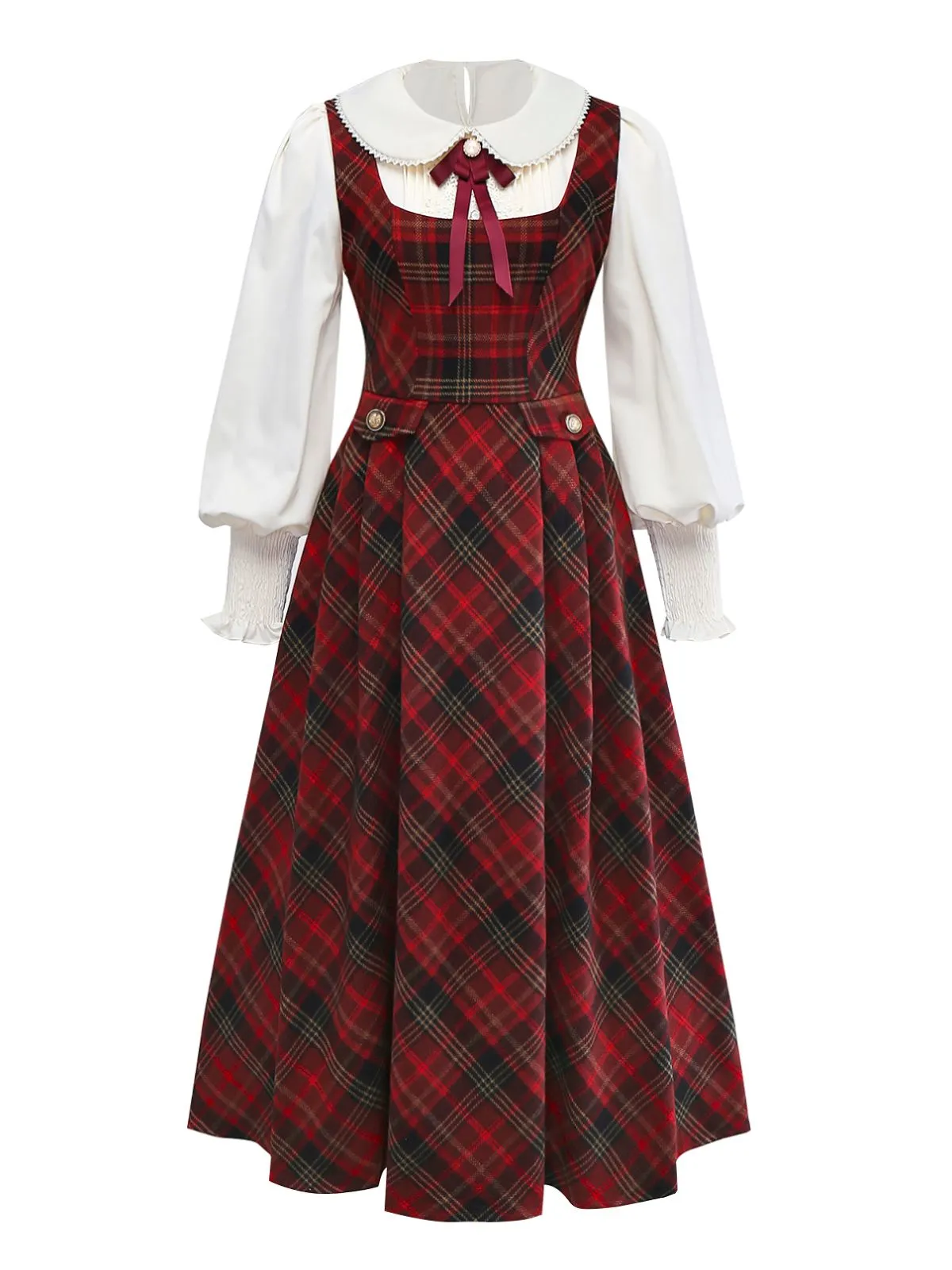 2PCS Red 1940s Peter Pan collar Blouse & Plaid Swing Dress sold by Retro Stage product image thumbnail 2