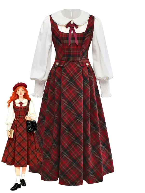 2PCS Red 1940s Peter Pan collar Blouse & Plaid Swing Dress sold by Retro Stage