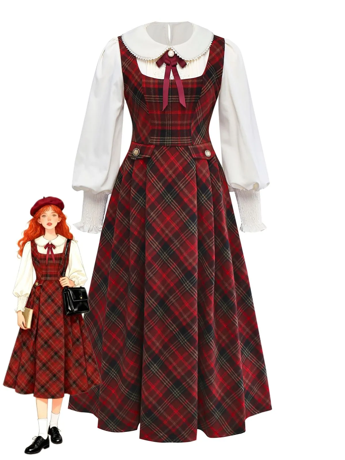 2PCS Red 1940s Peter Pan collar Blouse & Plaid Swing Dress sold by Retro Stage