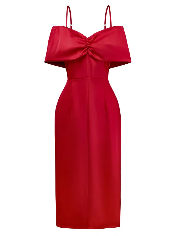 Red 1980s Bow Off-Shoulder Satin Side Slit Midi Dress sold by Retro Stage