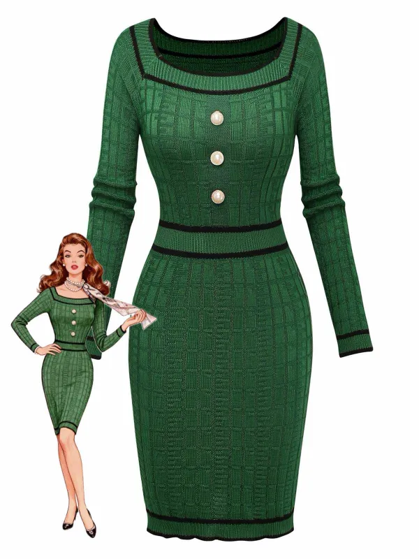 1960s Square Neck Pearl Button Knitted Dress sold by Retro Stage