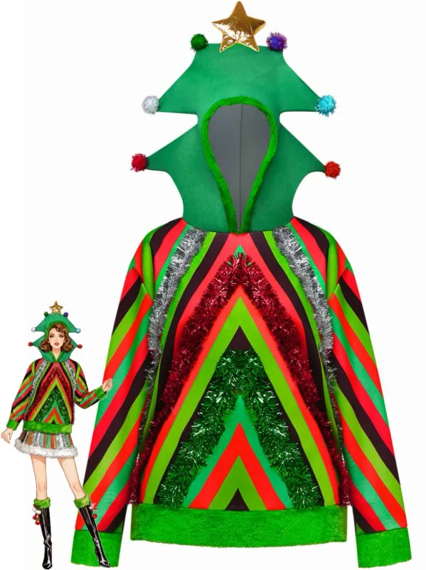 1970s Colorful Christmas Tree 3D Embellished Hoodie Sweater sold by Retro Stage