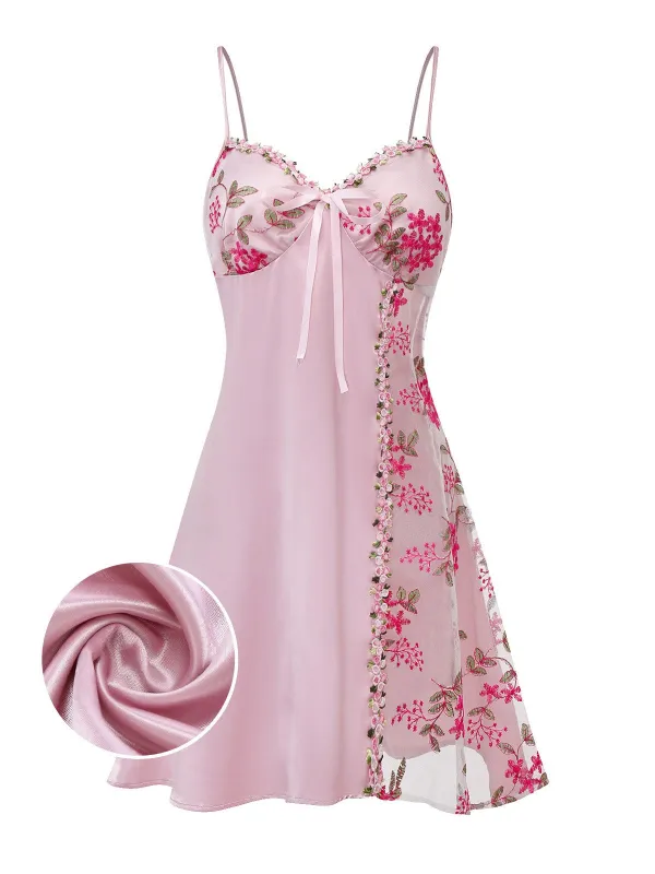 [Pre-Sale] Pink 1950s Embroidered Floral Mesh Satin Nightgown sold by Retro Stage