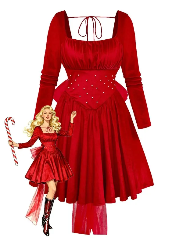 Red 1950s Velvet Pearl Ruched Tulle Bow Dress sold by Retro Stage