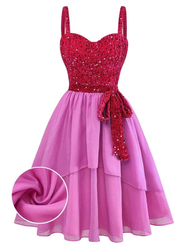 [Pre-Sale] Pink 1950s Spaghetti Strap Sequin Bow Dress sold by Retro Stage