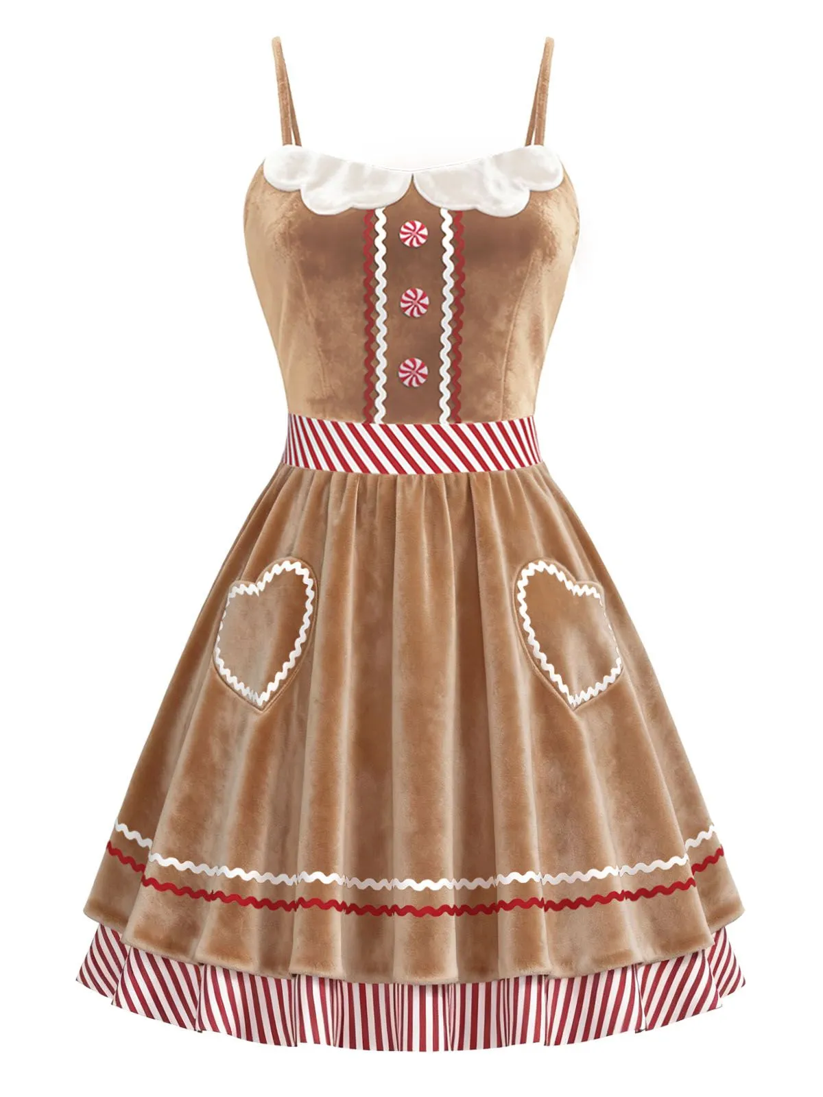Brown 1960s Gingerbread Heart Stripe Velvet Strap Dress sold by Retro Stage product image thumbnail 2