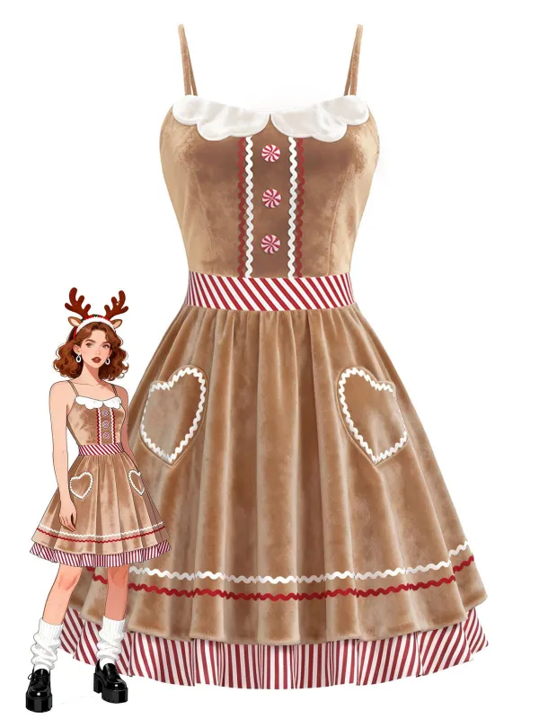 [Pre-Sale] Brown 1960s Gingerbread Heart Stripe Velvet Strap Dress sold by Retro Stage