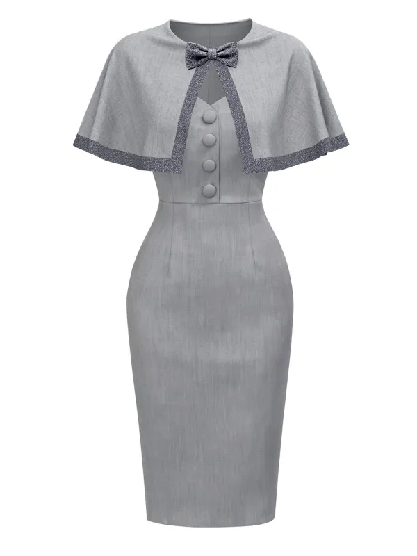 [Pre-Sale] Grey 1960s Solid Bow Caped Midi Bodycon Dress sold by Retro Stage