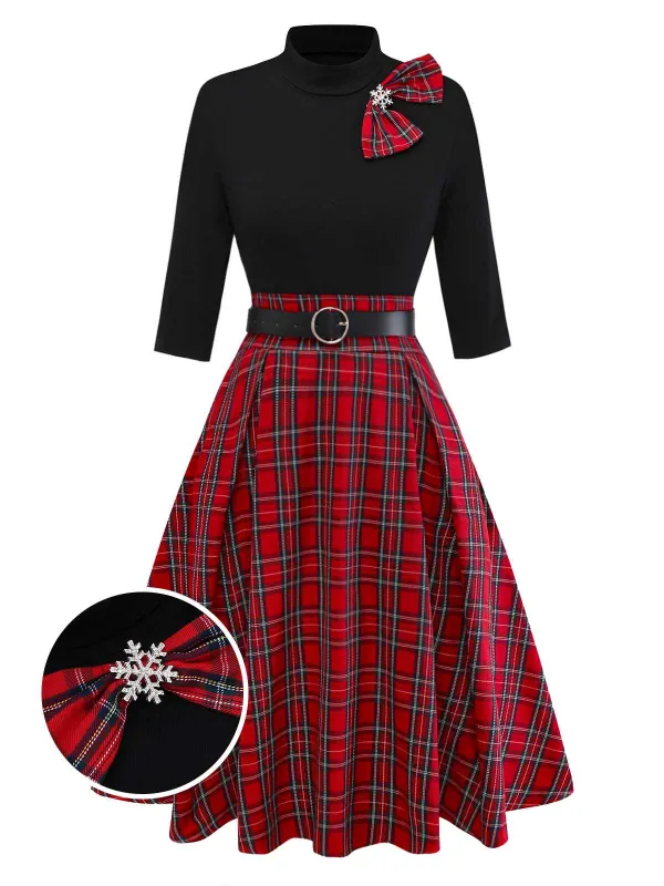 [Pre-Sale] 1950s Christmas Plaid Belted Dress With Snowflake Brooch sold by Retro Stage