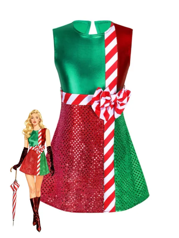 [Pre-Sale] 1950s Christmas Striped Bow Metallic Sequins Patchwork Dress sold by Retro Stage