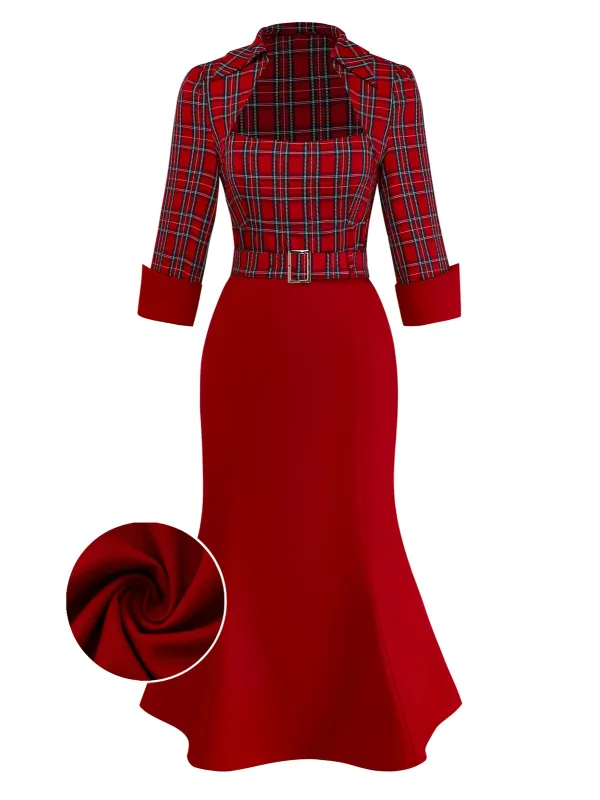 [Pre-Sale] Red 1930s Lapel Trapeze Neckline Plaid Mermaid Dress sold by Retro Stage