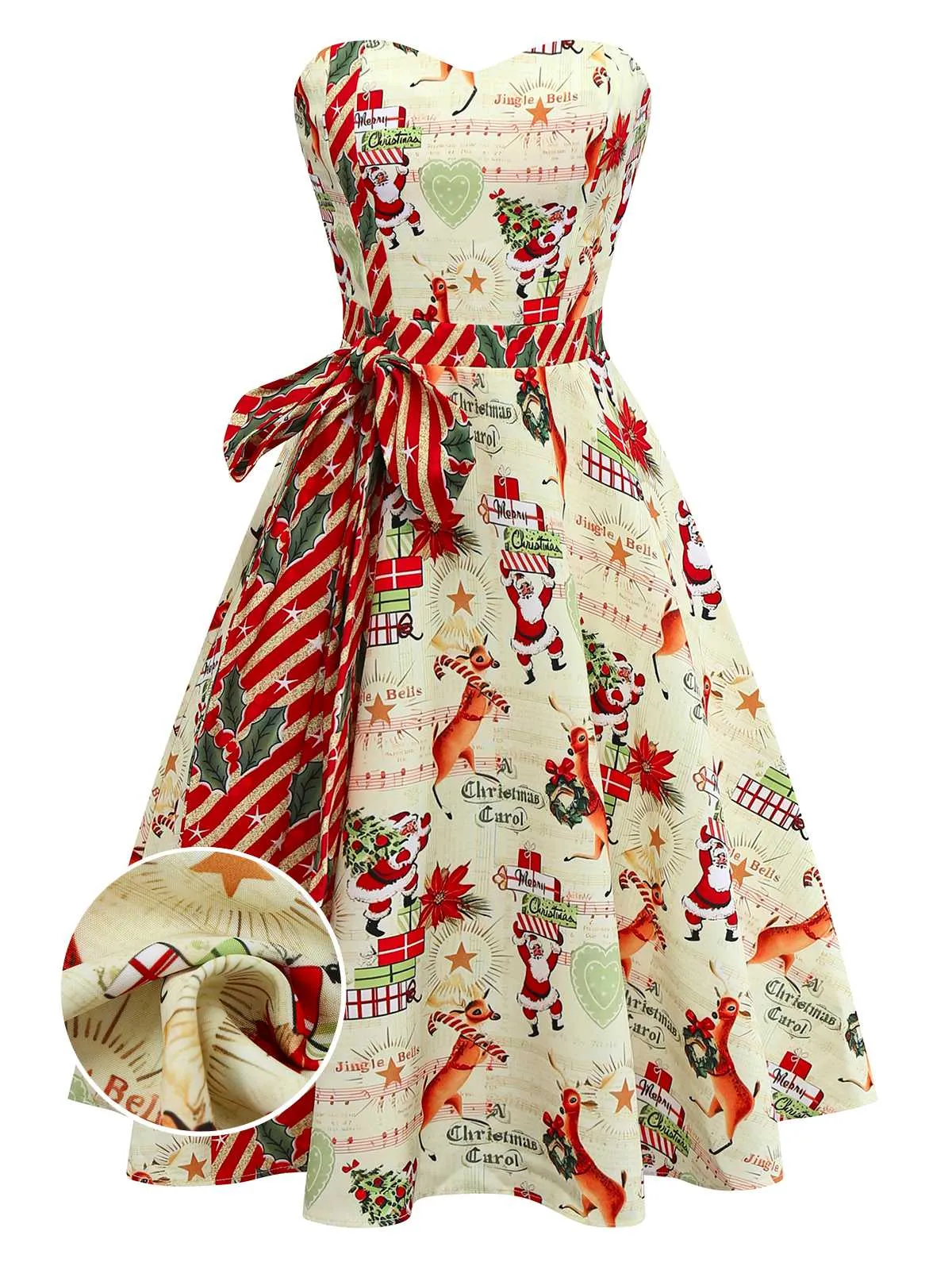 1950s Christmas Candy Cane Santa Bow Strapless Dress sold by Retro Stage