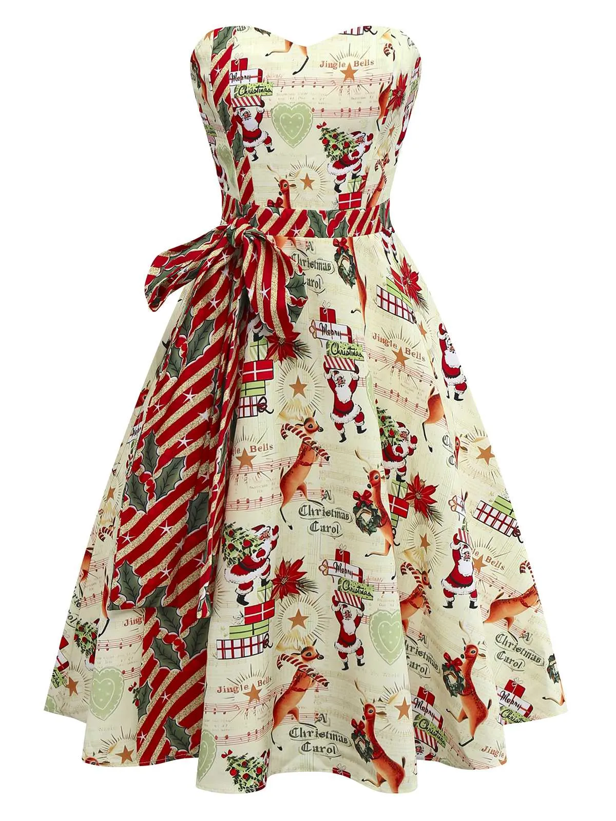 1950s Christmas Candy Cane Santa Bow Strapless Dress sold by Retro Stage product image thumbnail 2
