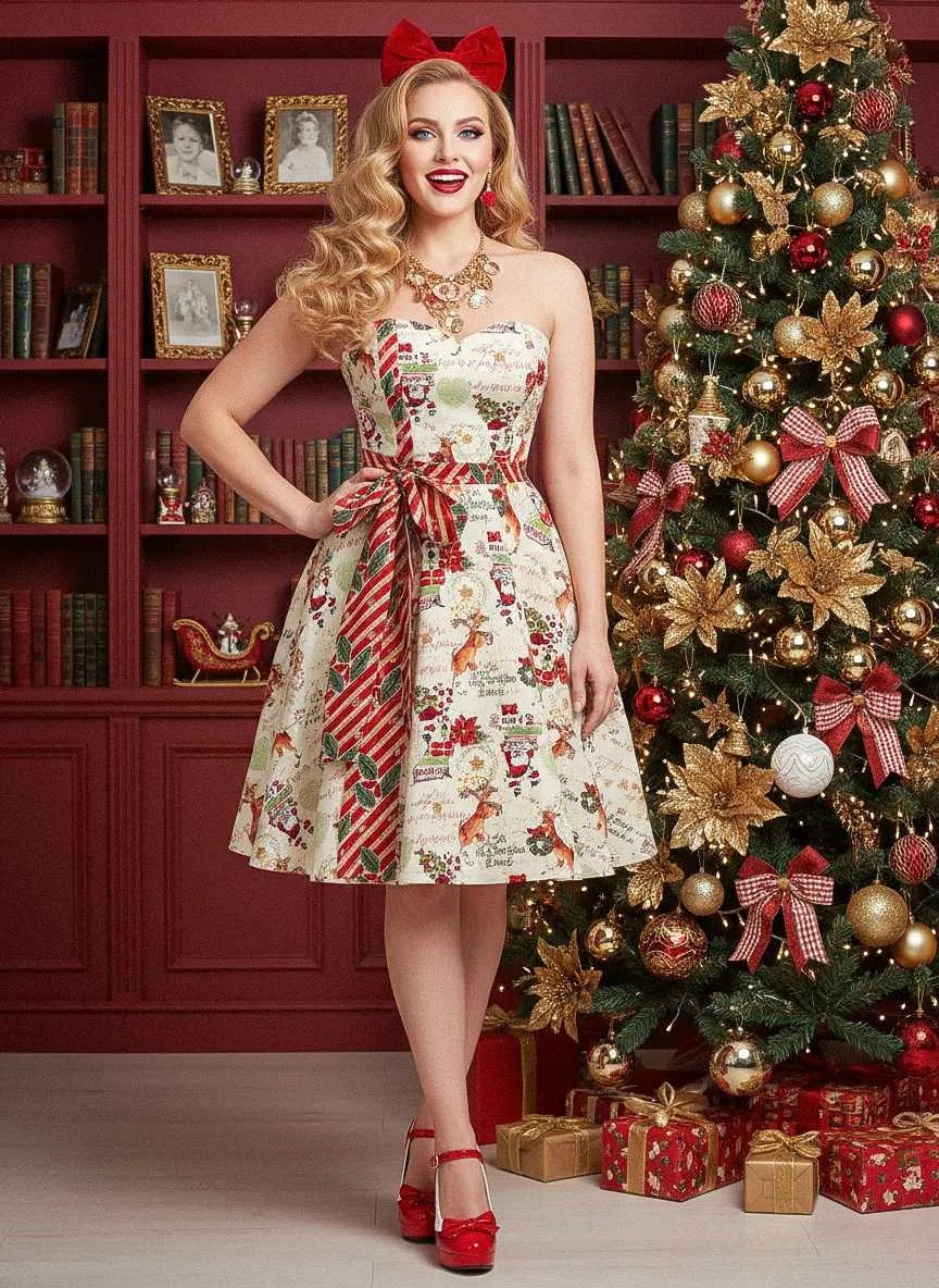 1950s Christmas Candy Cane Santa Bow Strapless Dress sold by Retro Stage product image thumbnail 5