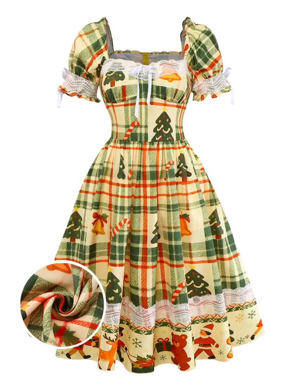[Pre-Sale] Multicolor 1950s Christmas Tartan Sweetheart Lace Patchwork Dress sold by Retro Stage