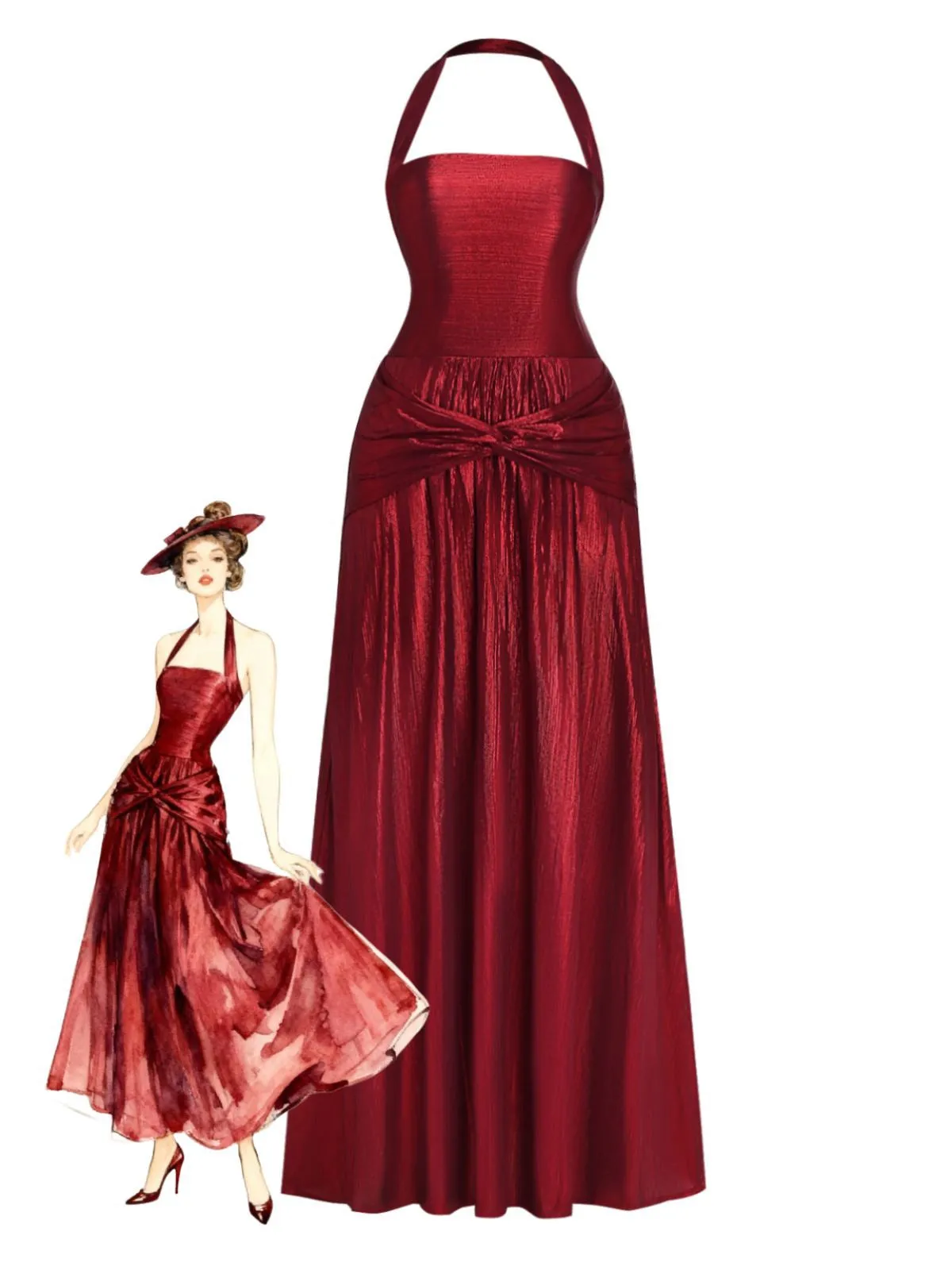 Wine Red 1930s Halter Twist Shimmery Long Dress sold by Retro Stage
