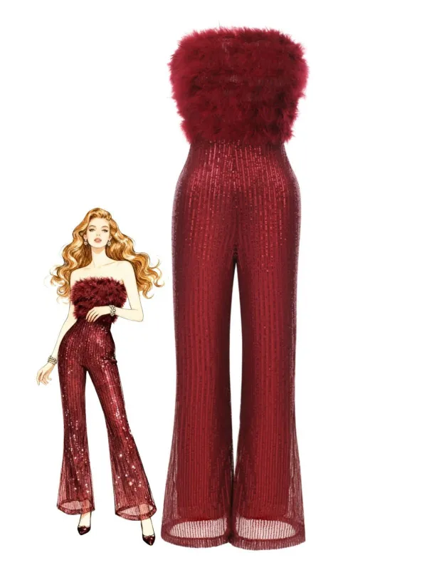 1950s Solid Feather Sequin Patchwork Strapless Jumpsuit sold by Retro Stage