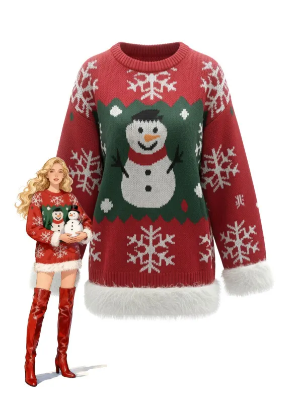 1950s Christmas Snowman Raw Hem Pullover Sweater sold by Retro Stage