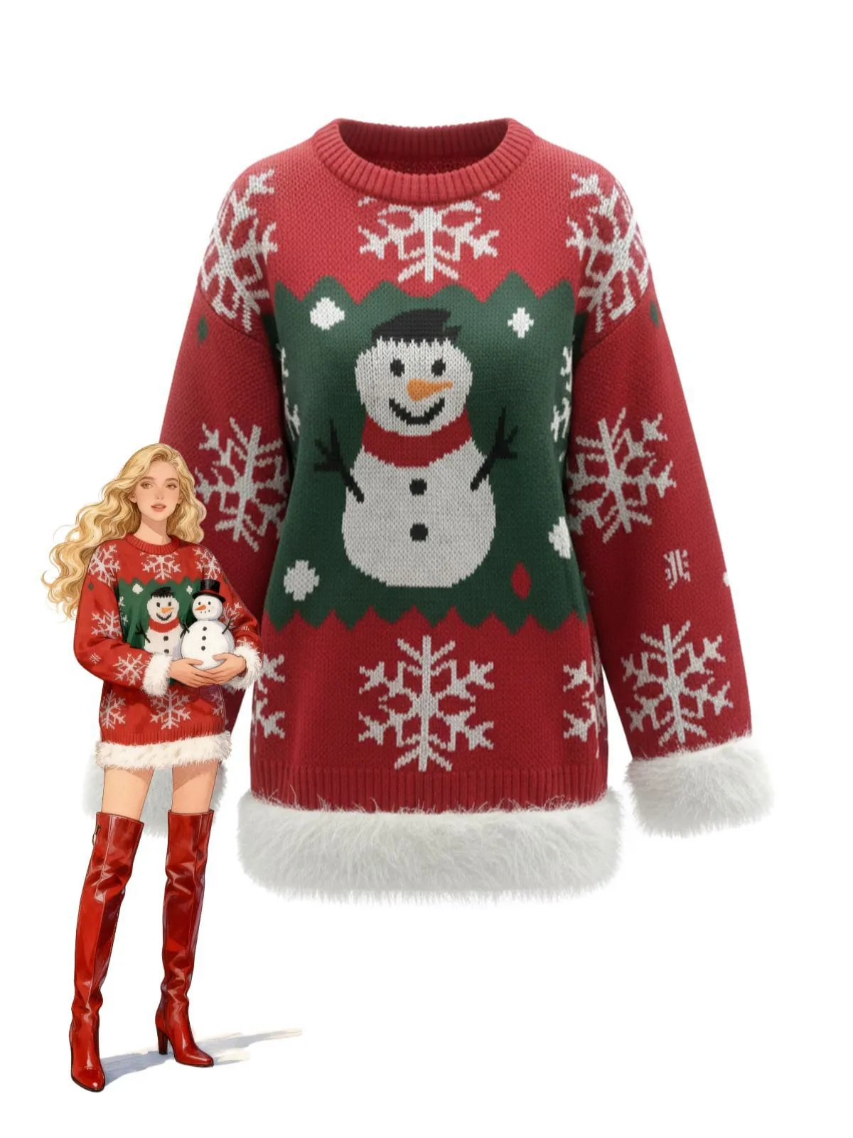 1950s Christmas Snowman Raw Hem Pullover Sweater sold by Retro Stage