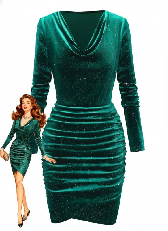 1960s Solid Velvet Long Sleeve Cowl Neck Dress sold by Retro Stage