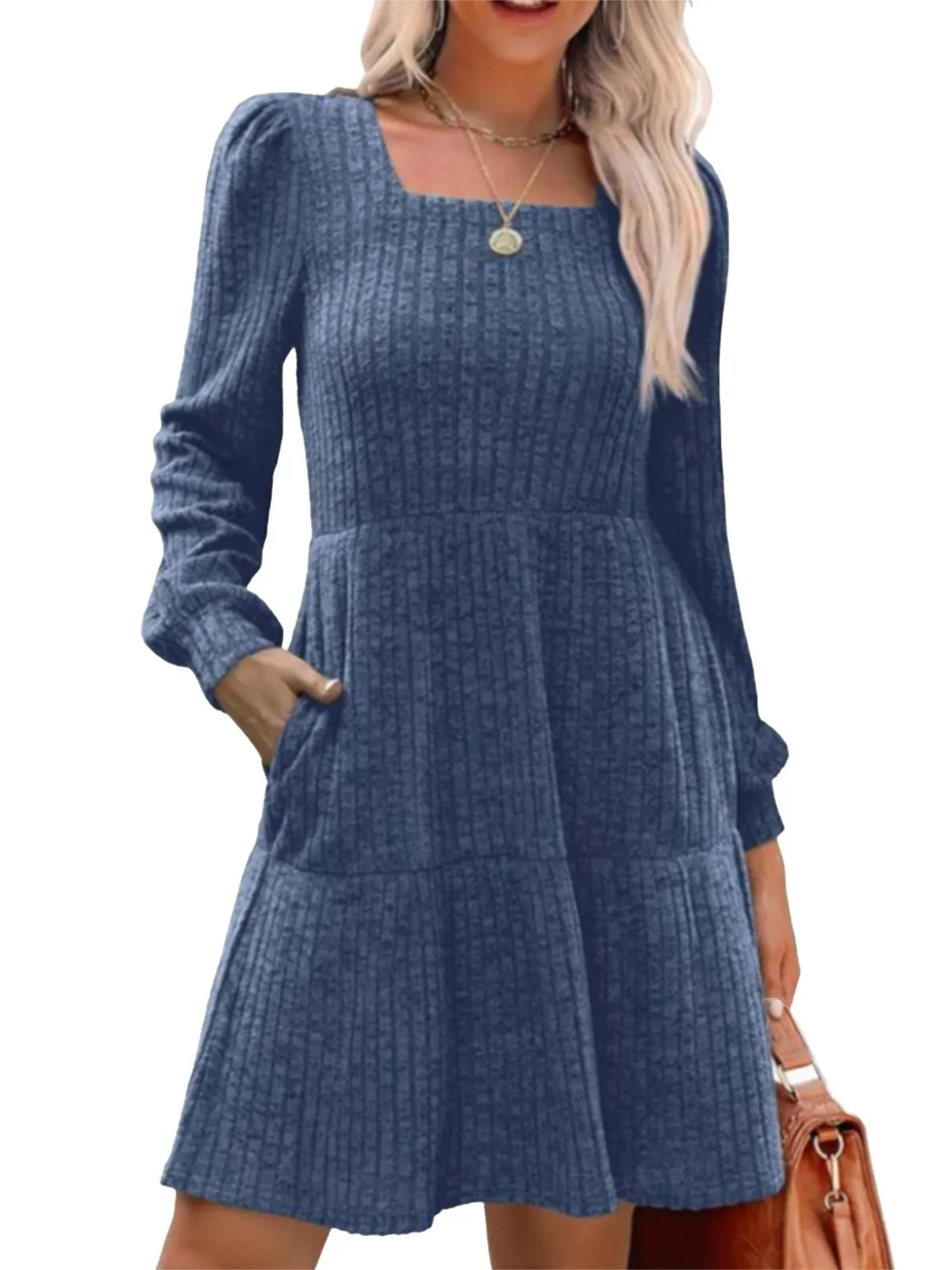 1950s Solid Ribbed Square Neck Long-Sleeve Dress sold by Retro Stage product image thumbnail 4