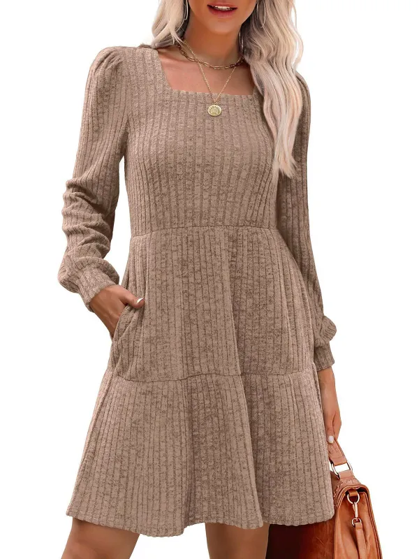 1950s Solid Ribbed Square Neck Long-Sleeve Dress sold by Retro Stage