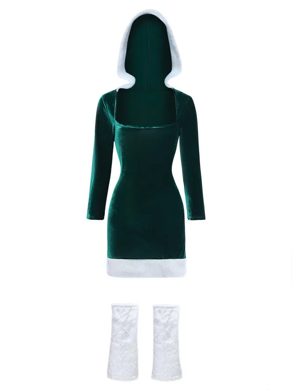 1980s Christmas Fur Trim Hooded Velvet Dress sold by Retro Stage