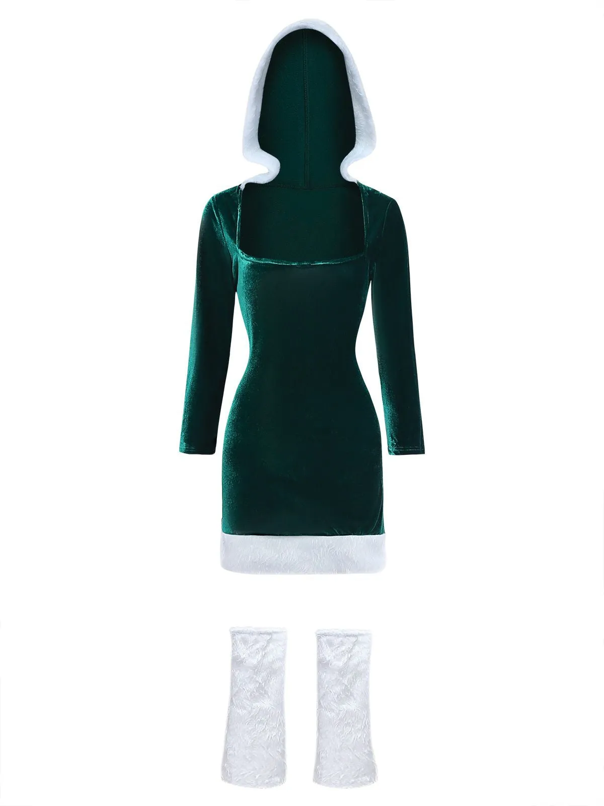 1980s Christmas Fur Trim Hooded Velvet Dress sold by Retro Stage