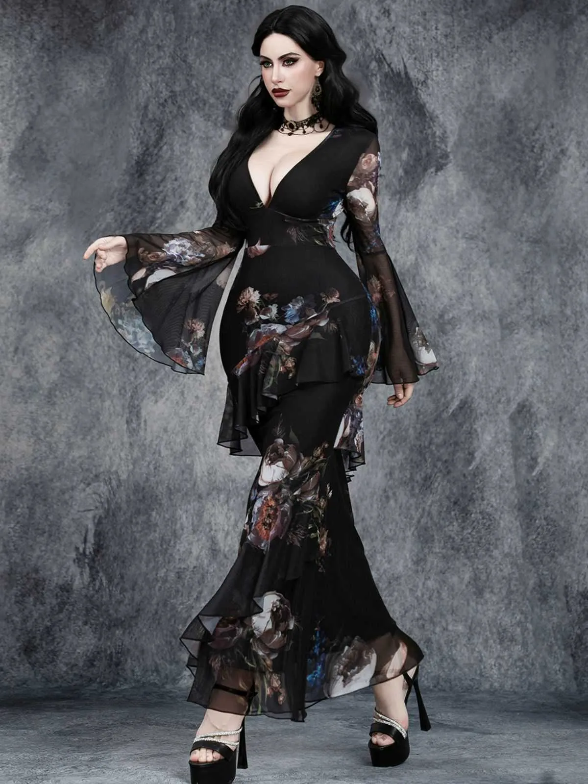 Black 1930s Floral Bell Sleeve Deep V-Neck Fishtail Dress sold by Retro Stage product image thumbnail 4