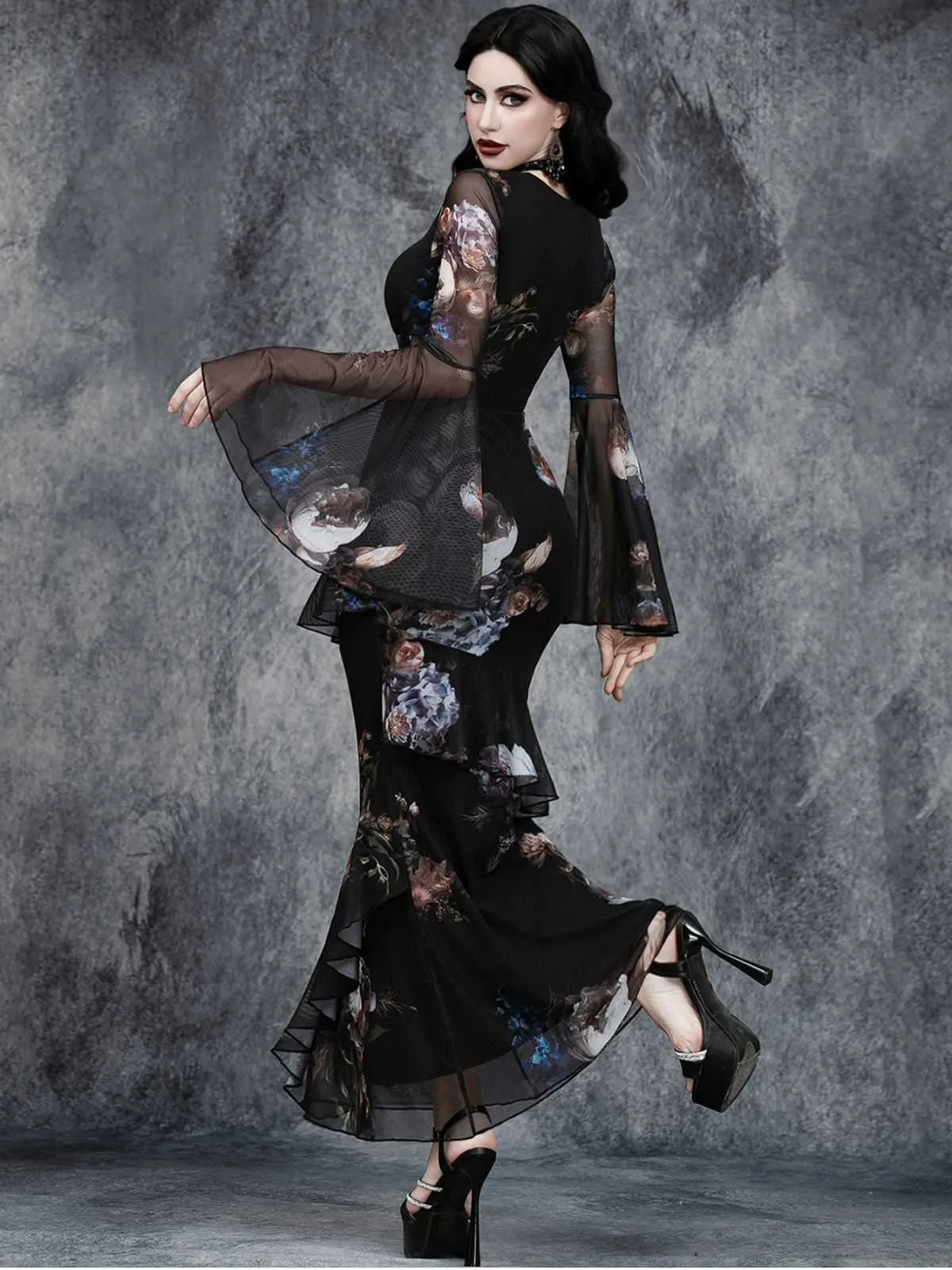 Black 1930s Floral Bell Sleeve Deep V-Neck Fishtail Dress sold by Retro Stage product image thumbnail 2