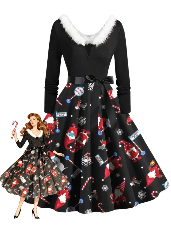 1950s Christmas V-Neck Fur Collar Swing Dress sold by Retro Stage