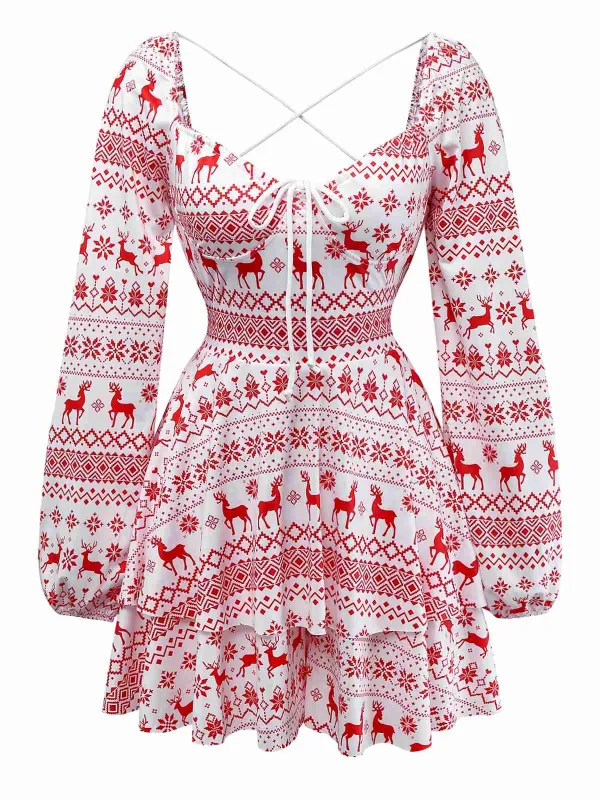 Red 1960s Christmas Reindeer Lace-Up Backless Dress sold by Retro Stage