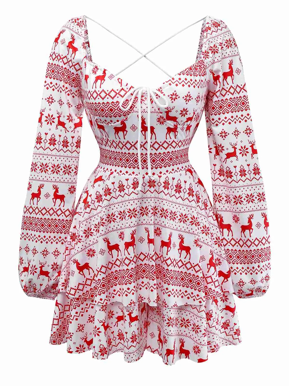 Red 1960s Christmas Reindeer Lace-Up Backless Dress sold by Retro Stage