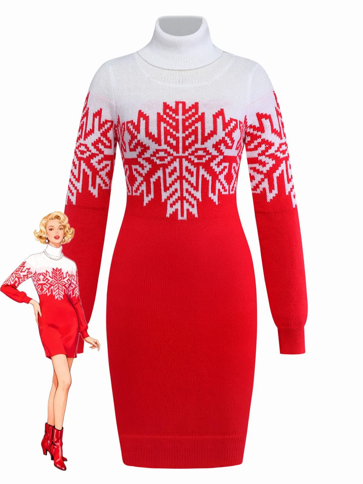 Red & White 1960s Snowflake Turtleneck Sweater Dress sold by Retro Stage